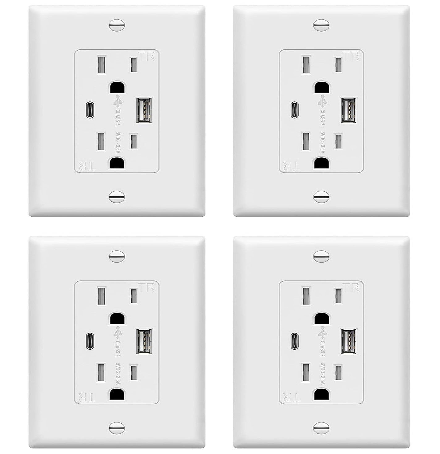 USB Wall Plug Fast Charging Outlet 4 Pack USB + USBC Lighting Charge Ports